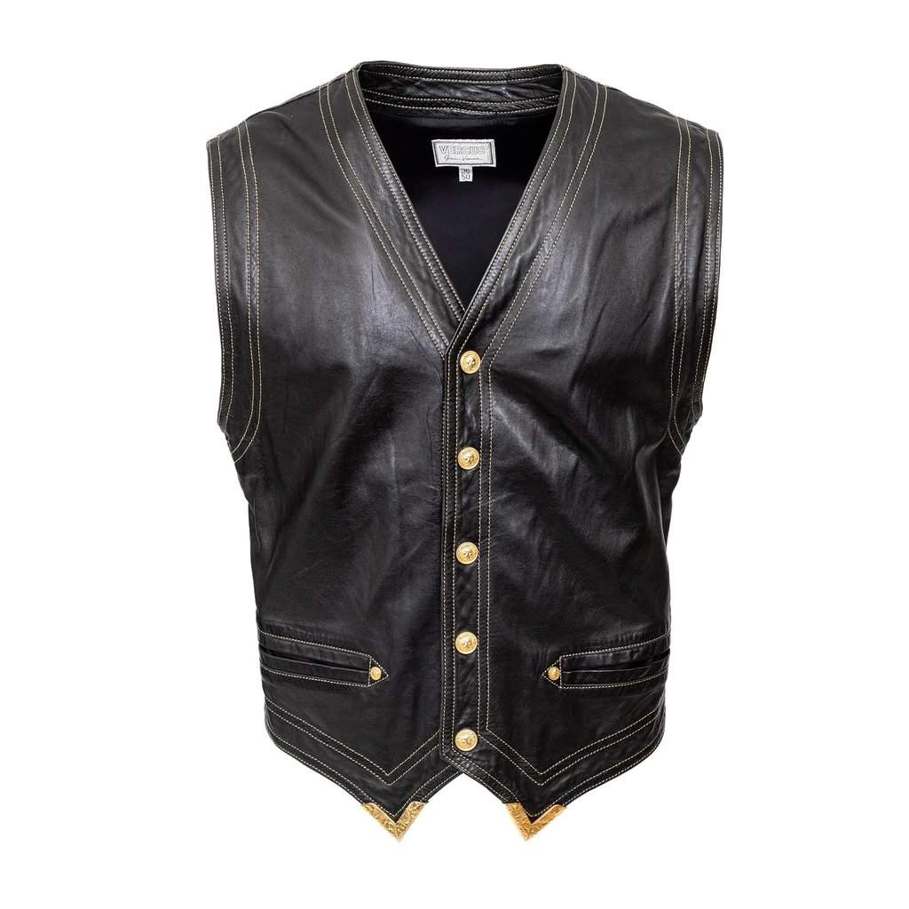 Gianni Versace Versus Leather Vest - '90s Black Leather Good - Front View