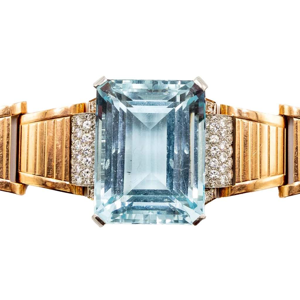 Unsigned Retro 18k Gold Bracelet with Aquamarine and Diamonds – '40s Gold Good - Front View