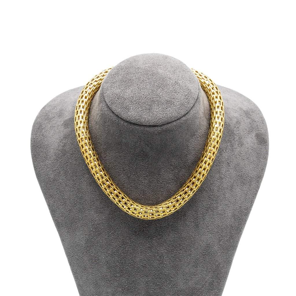 Unsigned Vintage 18K Yellow Gold Woven Collar Necklace - '80s Yellow Lace Good - Front View