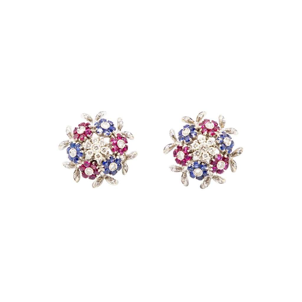 Unsigned Vintage 18K White Gold Gemstone Floral Clip Earrings ' 60s White Good - Front View