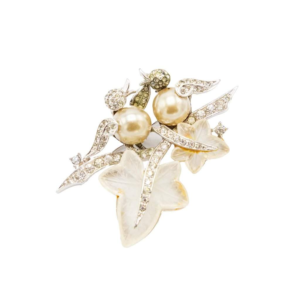 Unsigned Vintage Bird & Leaf Brooch with Faux Pearls and Rhinestones - '50s Green Good - Front View