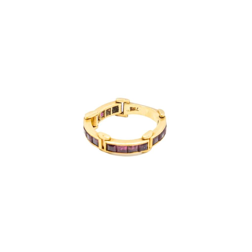 Unsigned Vintage 18K Yellow Gold Band Ring with Channel-Set Rubies - '80s Yellow Good - Front View