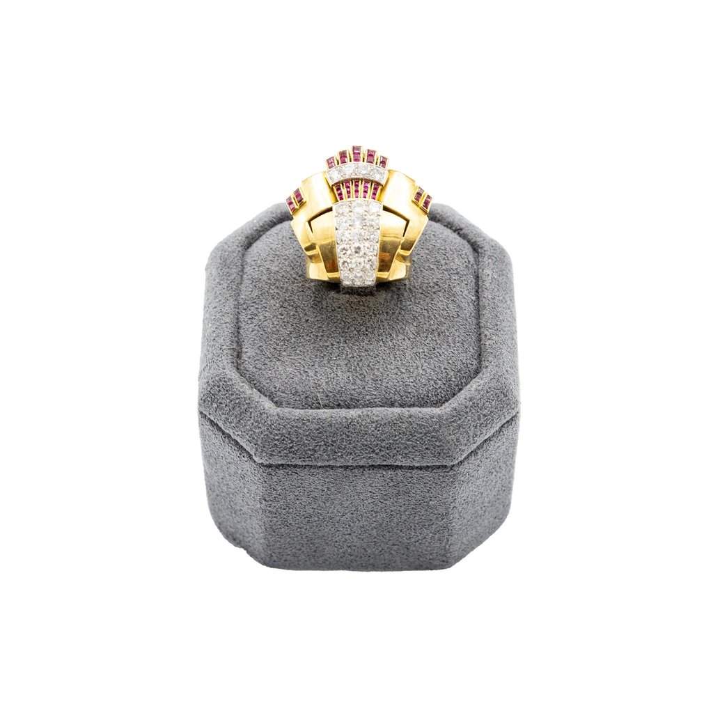 Unsigned Retro 18K Gold Cocktail Ring with Diamonds and Rubies - '40s Gold Good - Front View