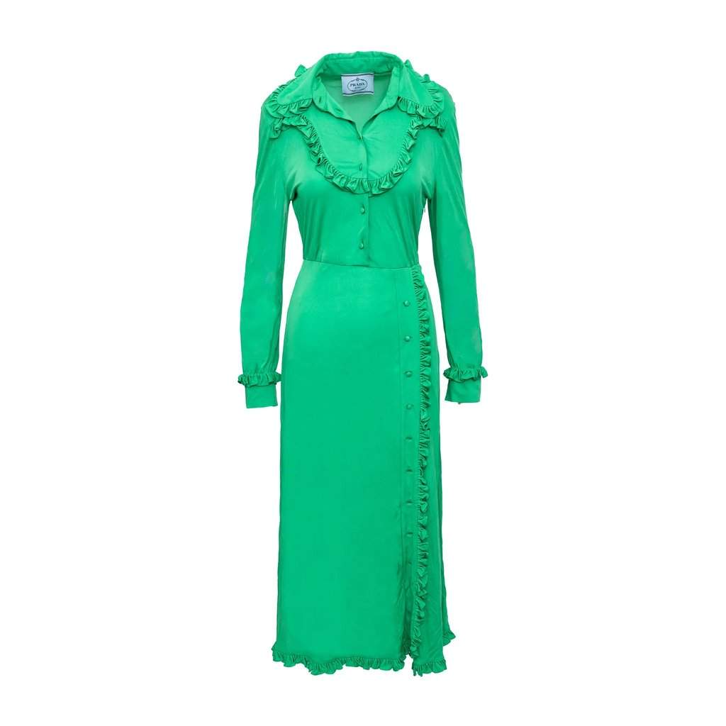 Prada Ruffle Collar Long Dress - '20s Green Good - Front View