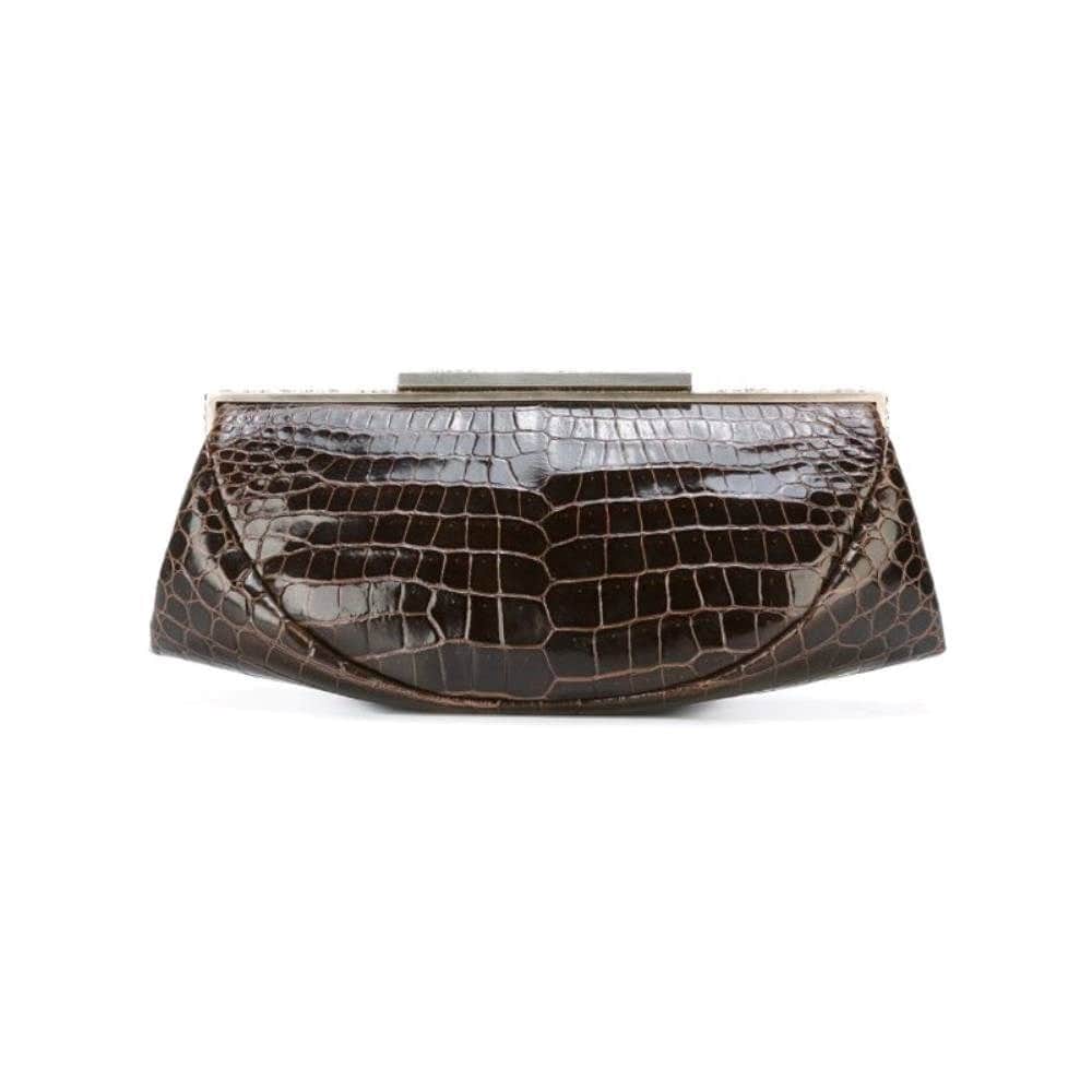 Giorgio Armani Brown Crocodile Leather Clutch - '80s Brown Leather Good - Front View