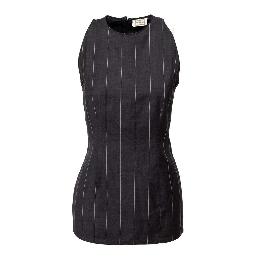 Versace Pinstripe Mini Dress - '90s Grey Wool Good - Front View