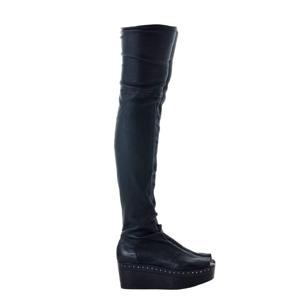Rick Owens Thigh-High Leather Wedge Boots - '10s Black Leather Good - Front View
