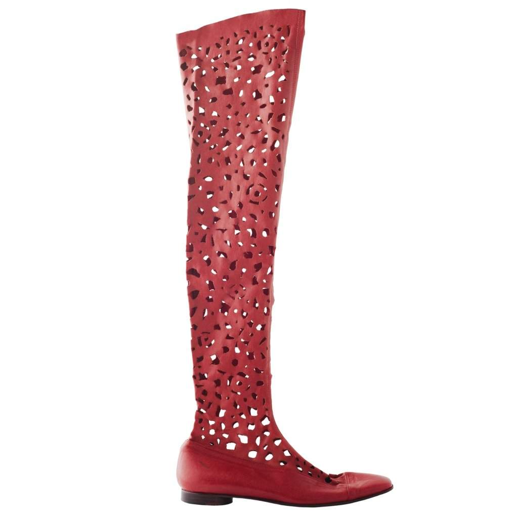 Romeo Gigli Perforated Over-The-Knee Boots - '00s Red Leather Good - Front View
