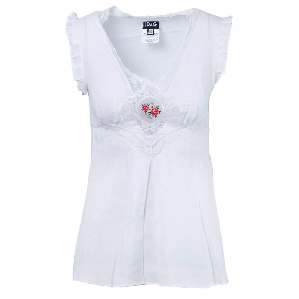Dolce & Gabbana Floral Lace Top with Ruffled Cap Sleeves - '10s White Lace Good - Front View