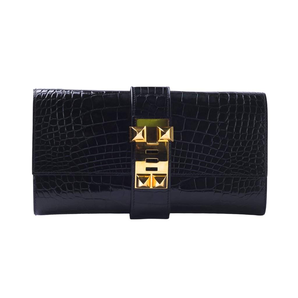 Hermès 2017 Shiny Mississippi Alligator Medor 23 Clutch - '10s Black Leather Good - Front View