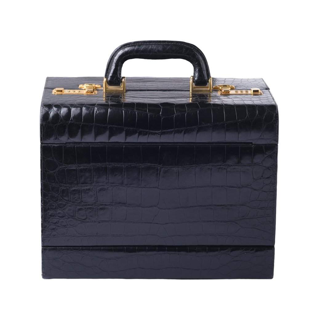 Unsigned Jardin des Sacs Crocodile Leather Beauty Case - '60s Black Leather Good - Front View