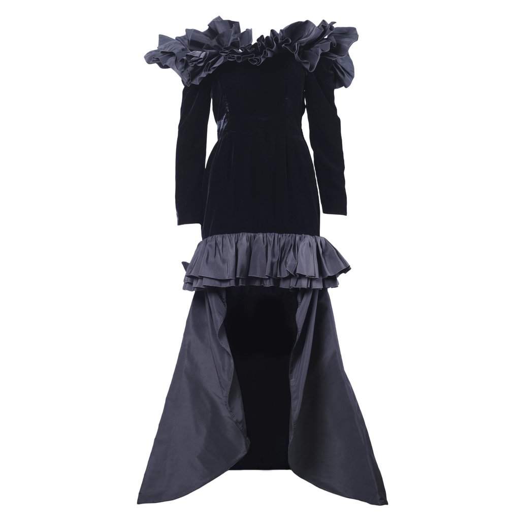 Yves Saint Laurent Black Velvet Dress with Ruffle Shoulders and High-Low Skirt - '80s Black Velvet Good - Front View