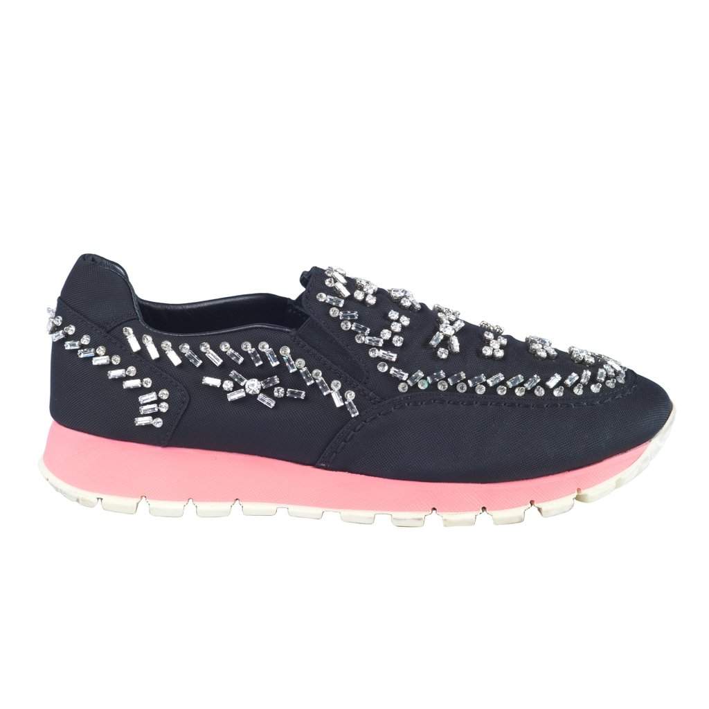 Prada Black Canvas Crystal Embellished Slip on Sneakers - '20s Black Canvas Good - Front View