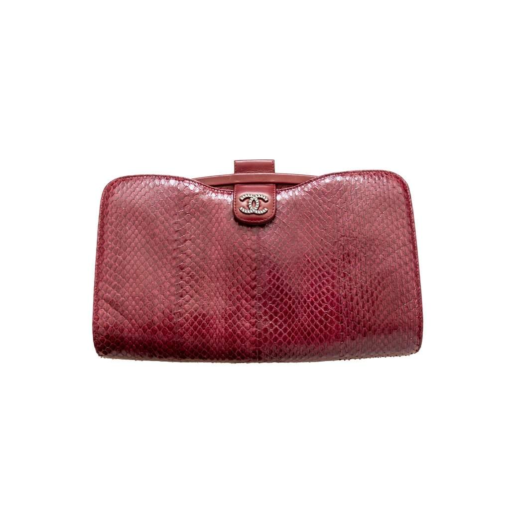 Chanel Leather Lambskin Python Handbag - '10s Burgundy Leather Good - Front View