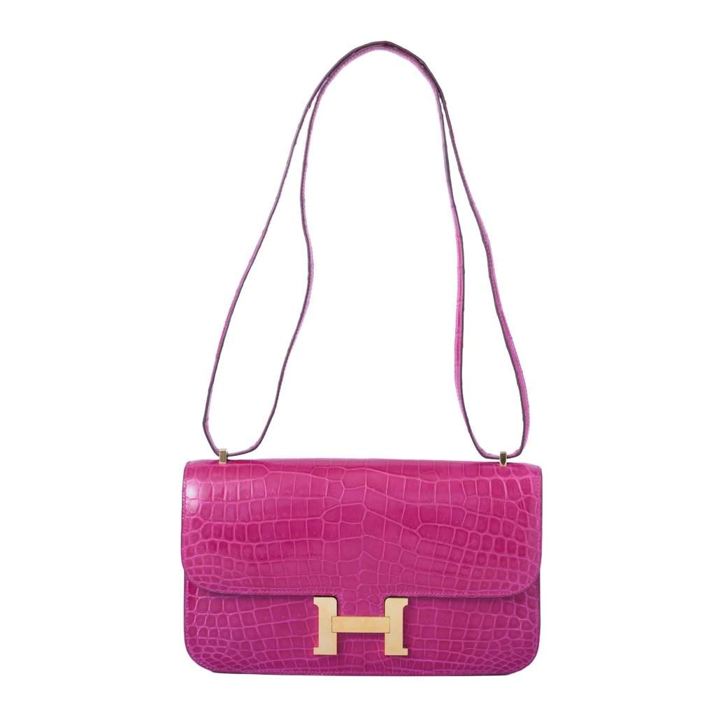 Hermès Constance Elan in Rose Scheherazade Porosus Crocodile with Gold Hardware - '10s MultiColor Leather Good - Front View