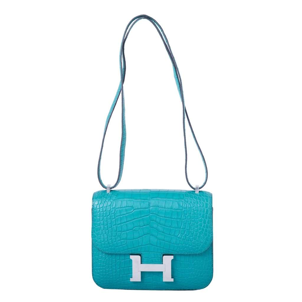 Hermès Constance 18 Turquoise (T9) Matte Alligator – Palladium Hardware - '00s MultiColor Leather Good - Front View