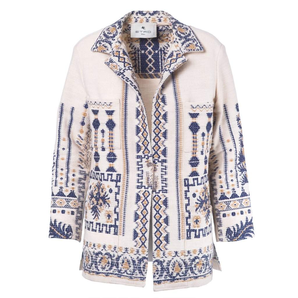 etro Beige & Navy Jacquard Ethnic Jacket - '20s Navy Canvas Good - Front View