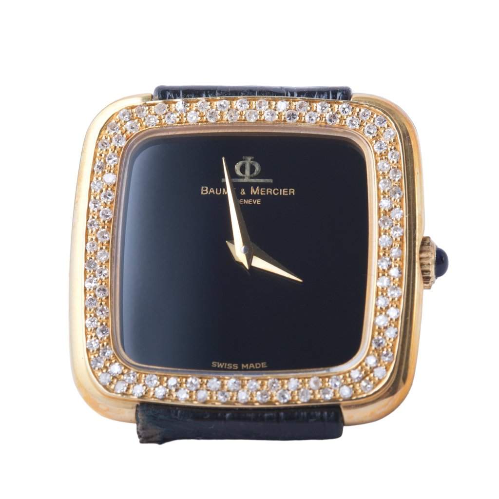 Baume Et Mercier Genève Diamond-Set Gold-Tone Wristwatch - '80s Gold Leather Good - Front View