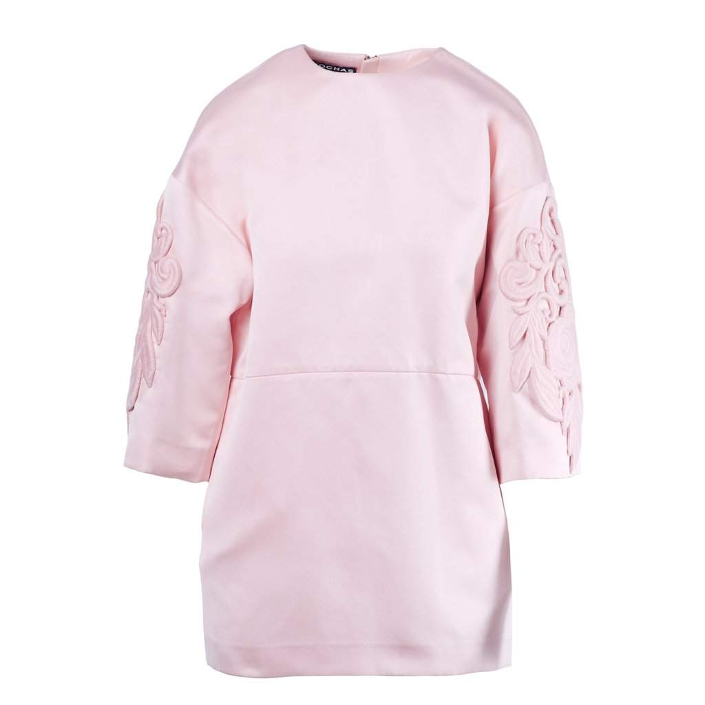 Rochas Pink Structured Mini Dress with Floral Embroidery - '10s Red Satin Good - Front View