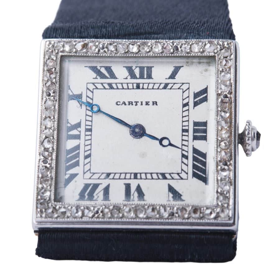 Cartier Art Déco Diamond & Onyx Wristwatch in Platinum and Gold, Circa 1925 Gold Leather Good - Front View