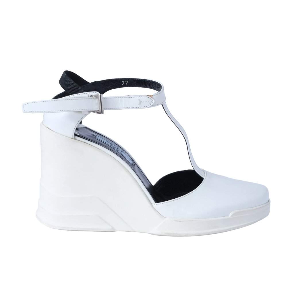 Prada White Leather T-Strap Platform Wedge Sandals - '10s White Leather Good - Front View