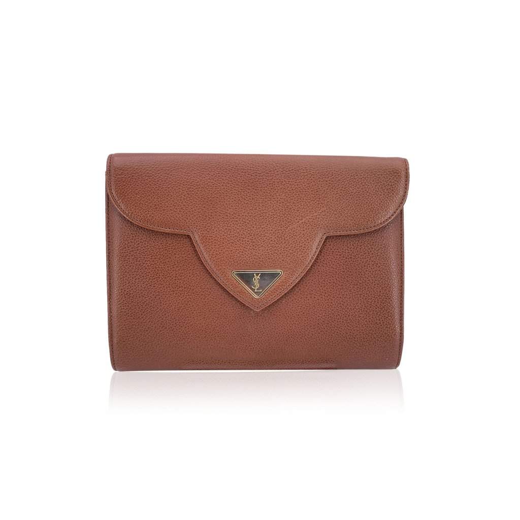 Yves Saint Laurent Clutch Bag Vintage YSL Brown Leather Good - Front View