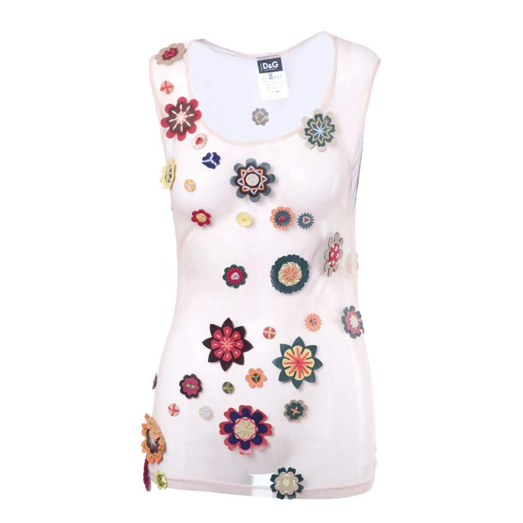 Dolce & Gabbana Y2K Sheer Mesh Floral Appliqué Top - '00s Red Leather Good - Front View