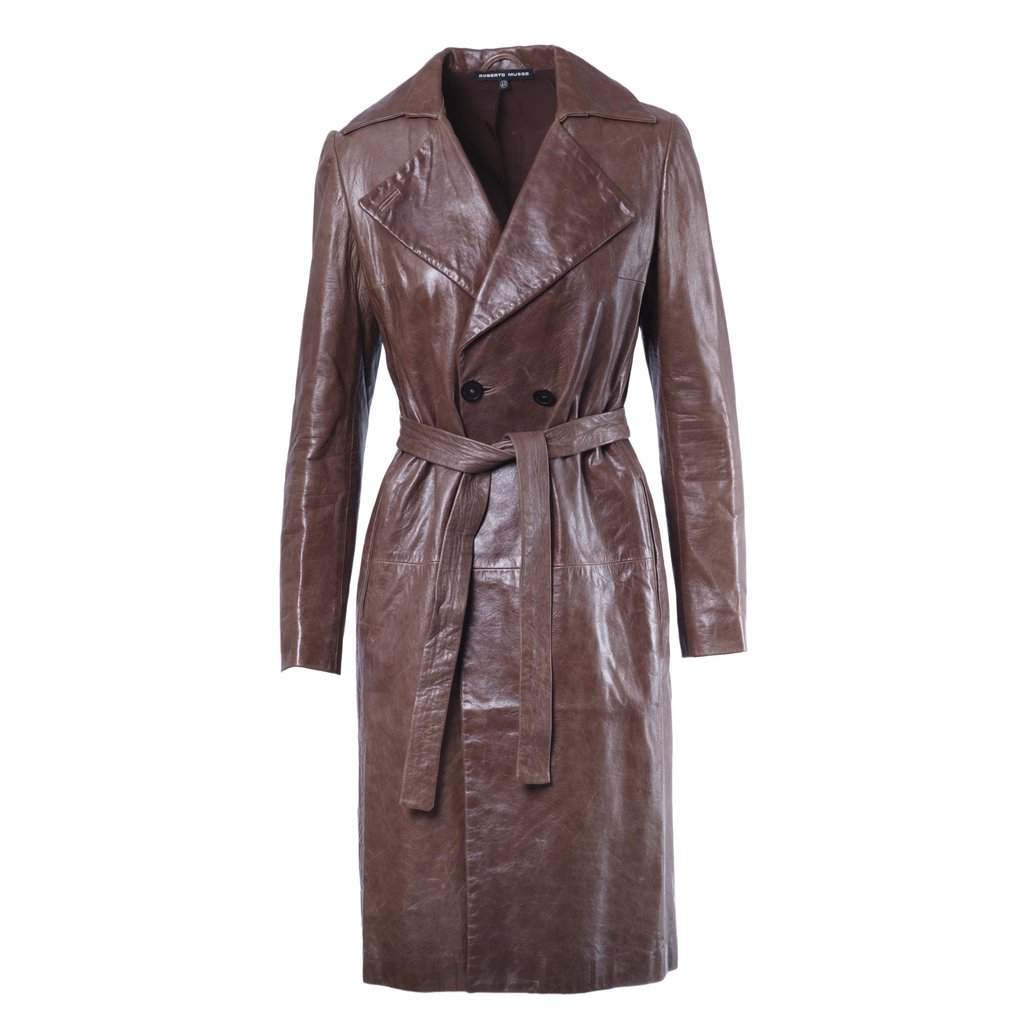 Unsigned Brown Sheepskin Leather Trench Coat - '00s Brown Leather Good - Front View