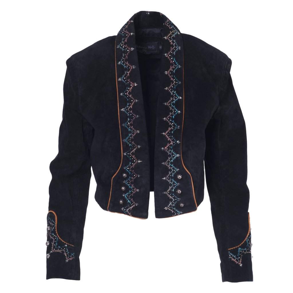 Unsigned Patricia Wolf Embellished Suede Western Jacket in Black - '90s Black Suede Good - Front View