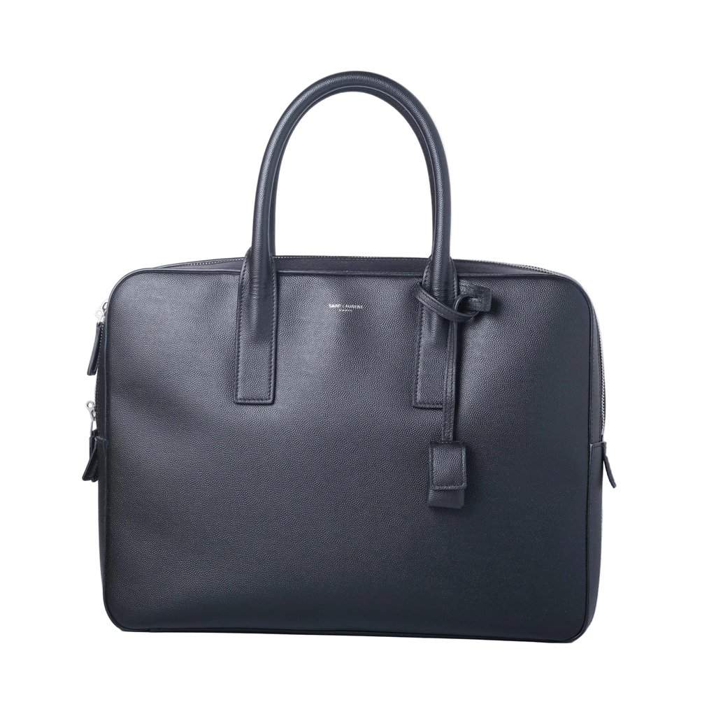 Saint Laurent Museum Black Grained Calfskin Leather Briefcase - '20s Black Leather Good - Front View