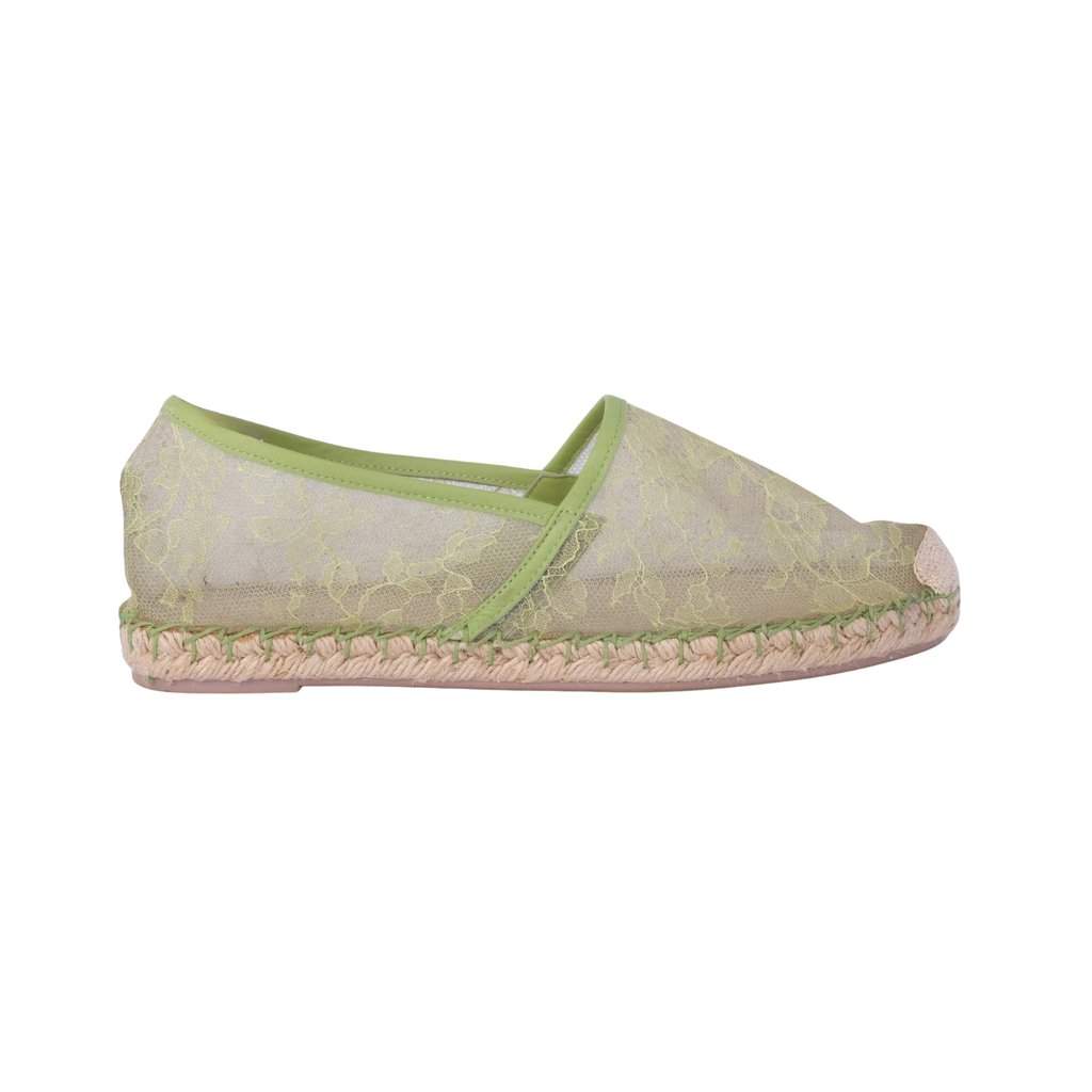 Valentino Garavani Valentino Green Mesh and Lace Espadrille Flats - '10s Green Lace Good - Front View
