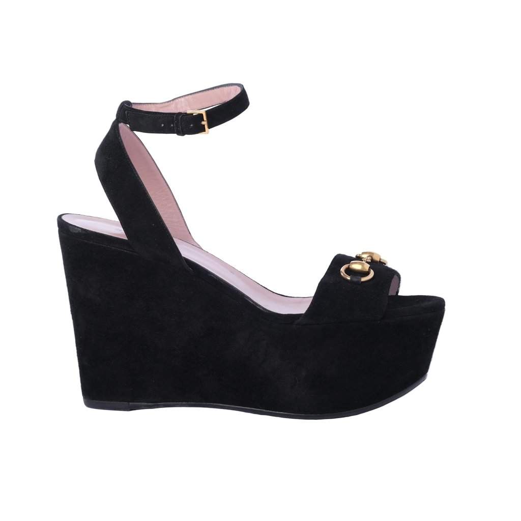 Gucci Black Suede Horsebit Platform Ankle Strap Wedges - '10s Black Suede Good - Front View