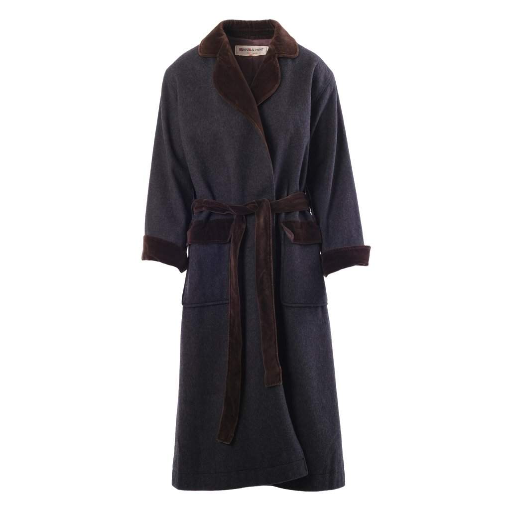 Yves Saint Laurent Rive Gauche Paris Velvet Trim Wool Coat – '70s Brown Velvet Good - Front View