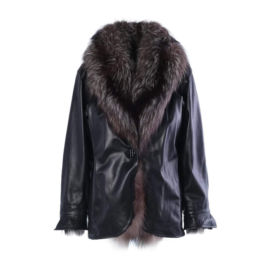 Yves Saint Laurent Black Leather Coat with Silver Fox Fur Trim -'90s Black Leather Good - Front View