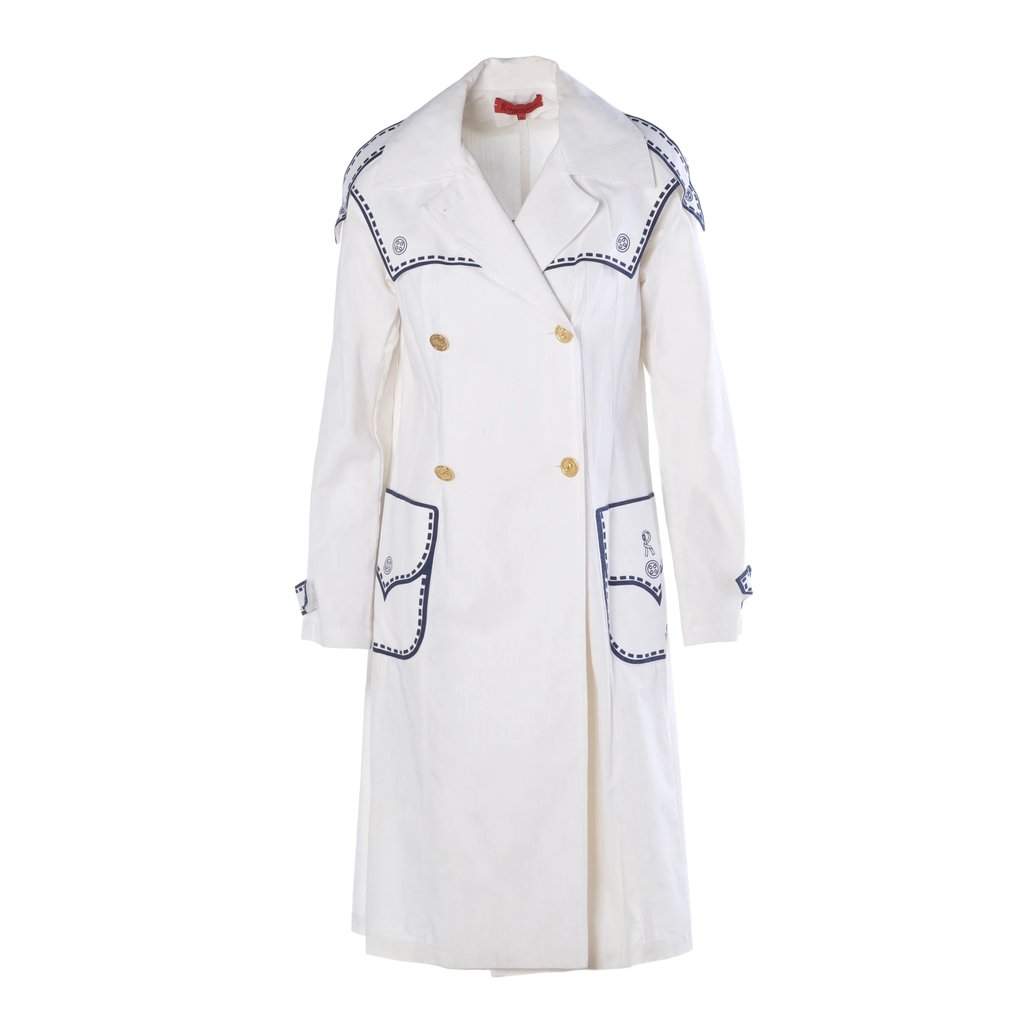 Unsigned Nautical Trompe-L'œil Cotton Coat -'70s White Wool Good - Front View