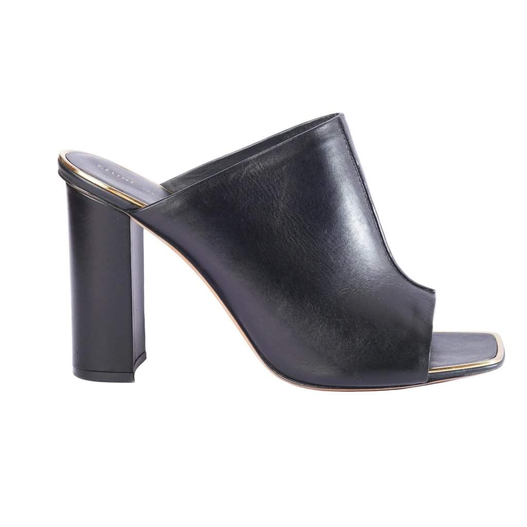 Celine Black Leather Flat Slides With Gold-Tone Details - '10s Black Leather Good - Front View