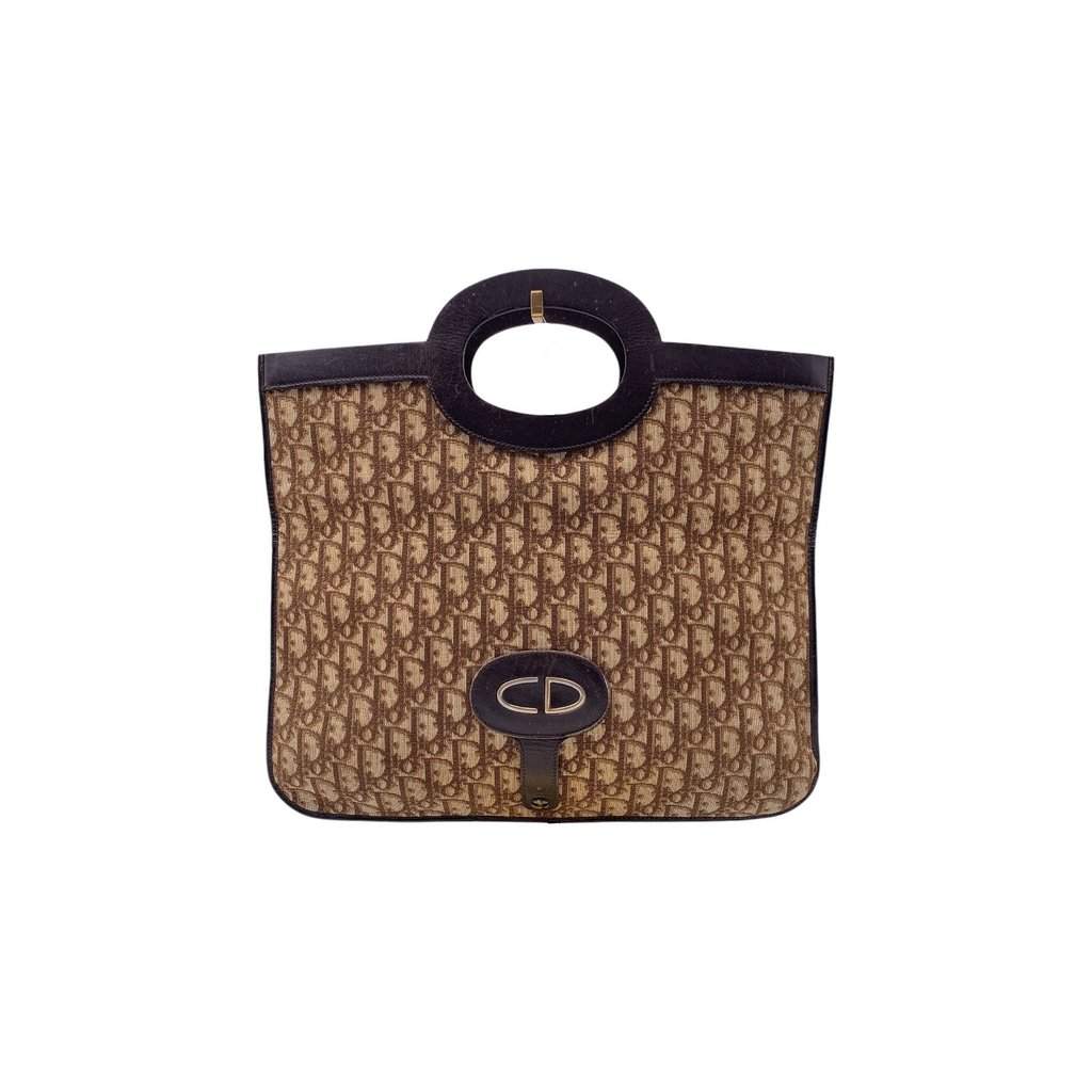 Dior Clutch Bag Vintage Trotter Brown Canvas Good - Front View