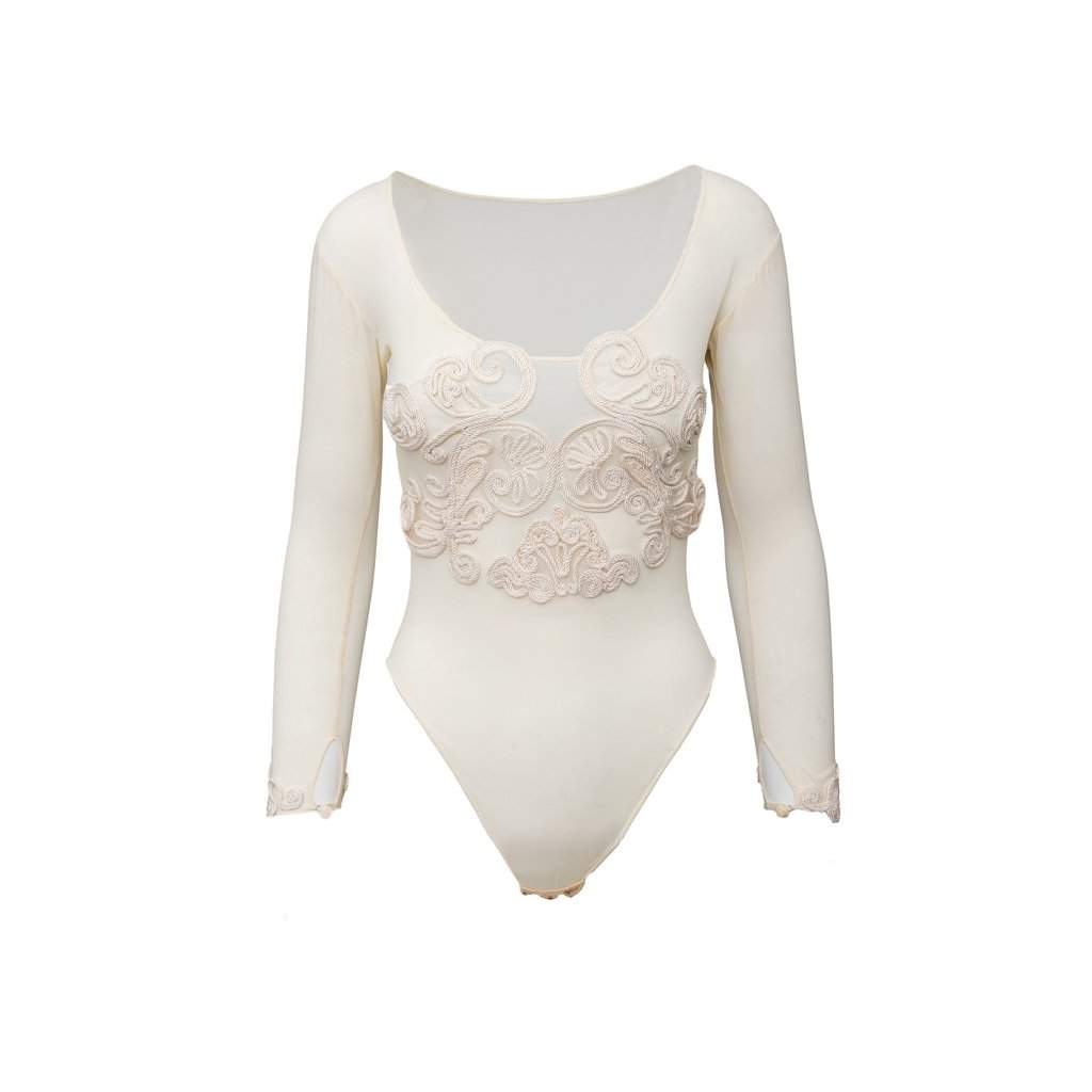 Unsigned Embroidered Bodysuit - '90s MultiColor Lace Good - Front View