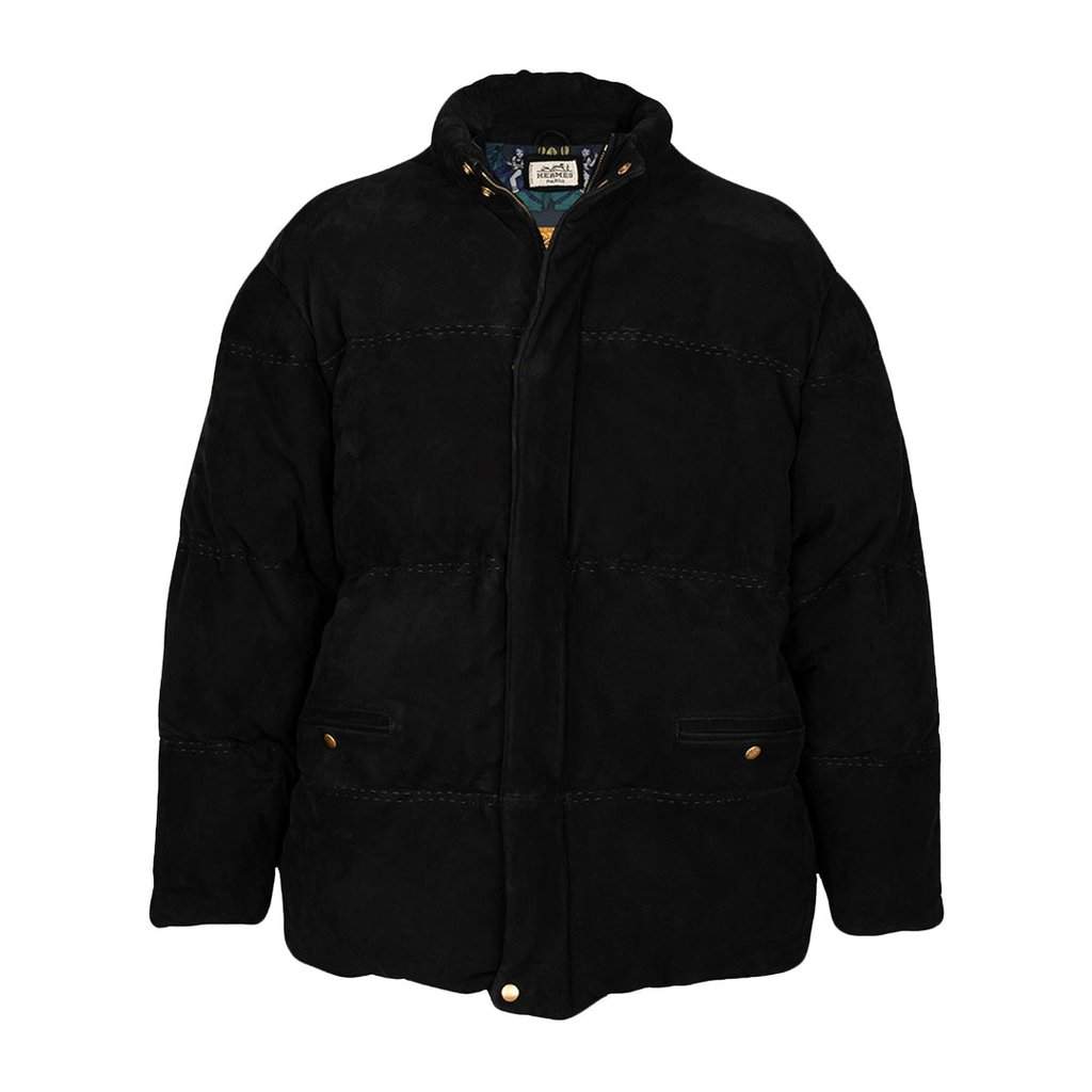 Hermès Suede Puffer Coat - '90s Black Suede Good - Front View