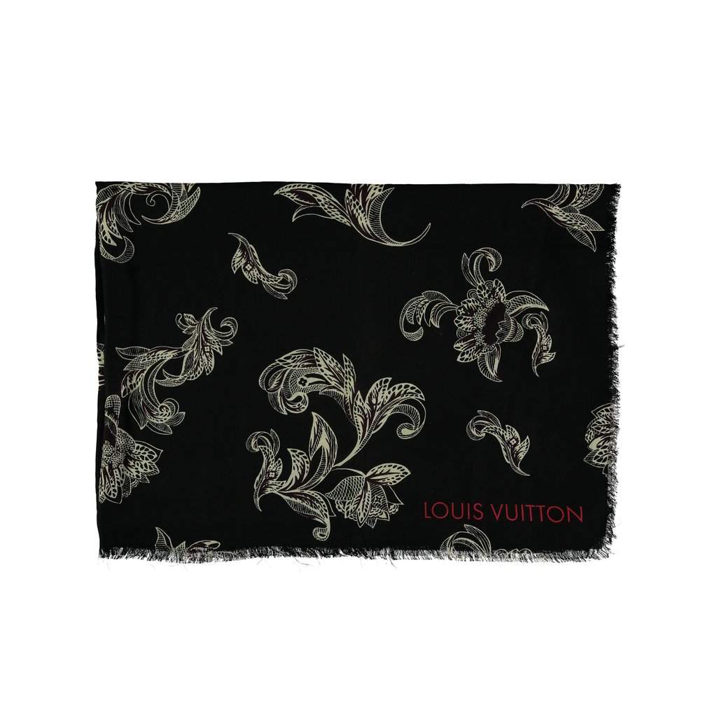 Louis Vuitton Black and White Floral Pattern Scarf - '10s Black Wool Good - Front View