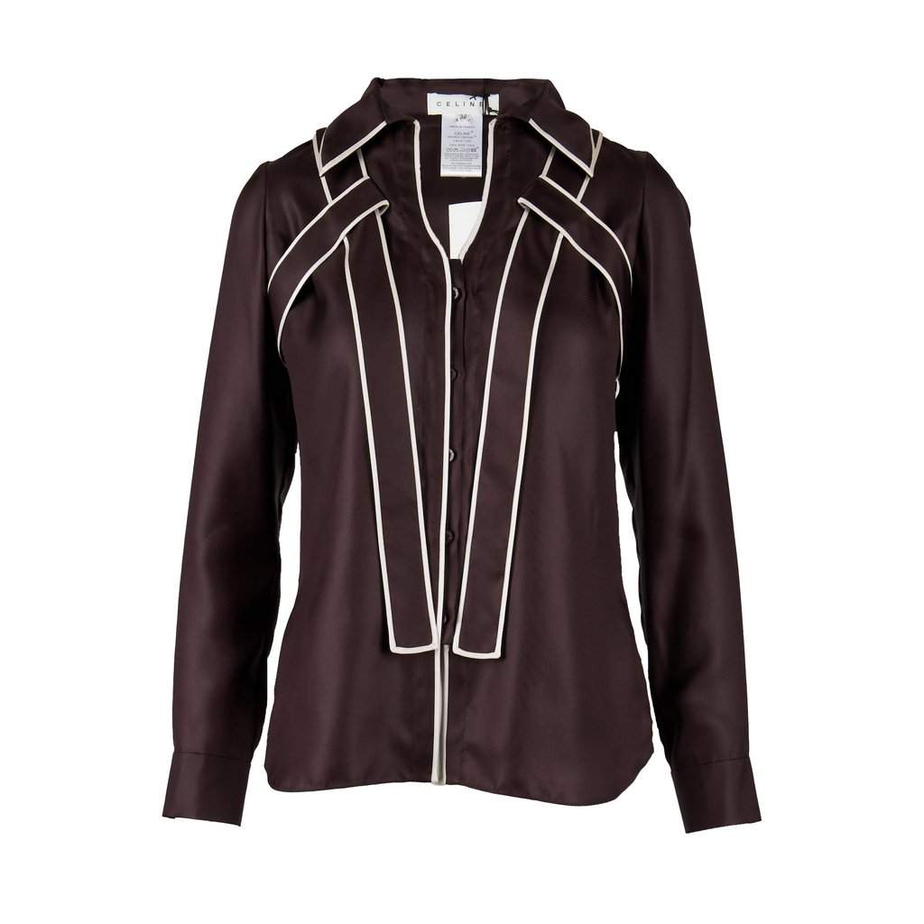 Celine Contrast Top with Collar - '10s Brown Silk Good - Front View