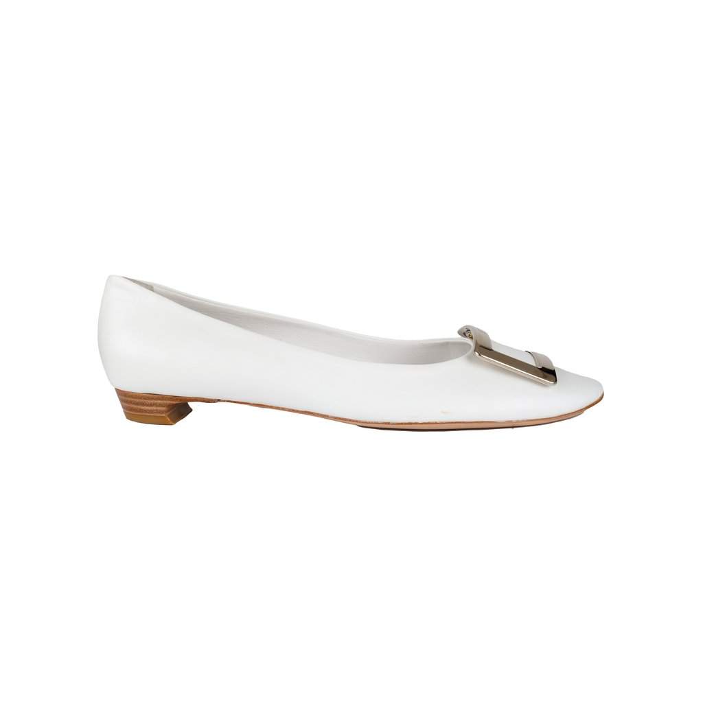 Roger Vivier Trompette Metal Buckle Flats - '20s White Leather Good - Front View
