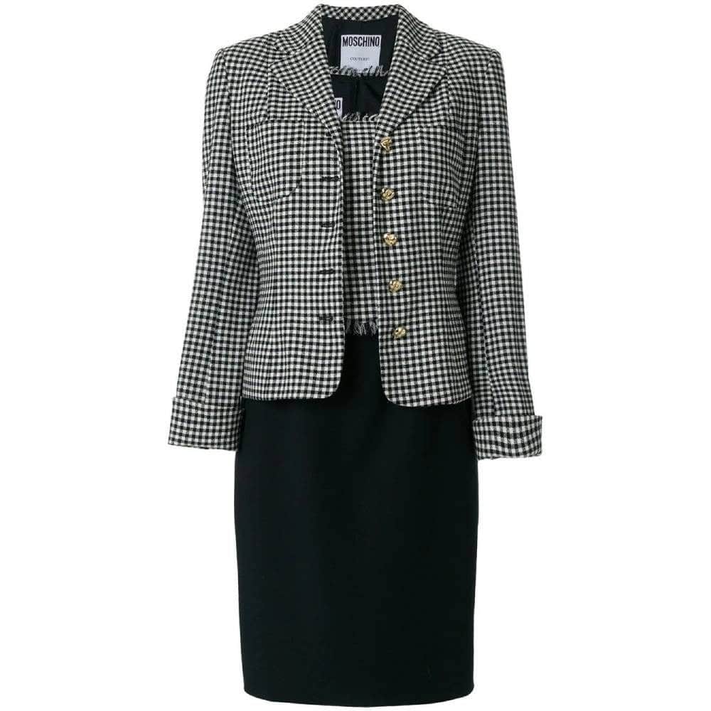 Moschino Black and White Skirt Suit - '90s Black Wool Good - Front View
