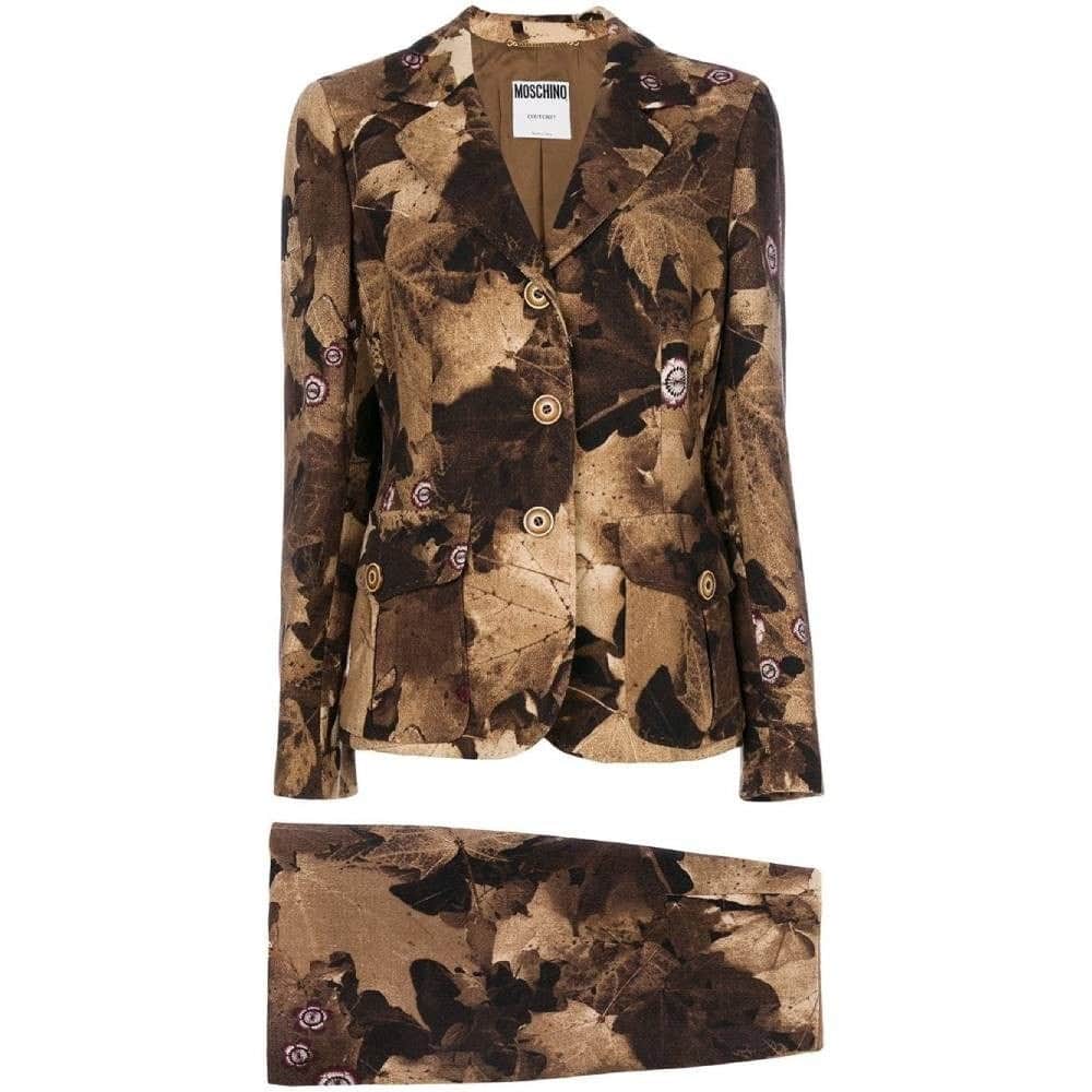 Moschino Brown Floral Pattern Wool Suit - '90s Brown Wool Good - Front View