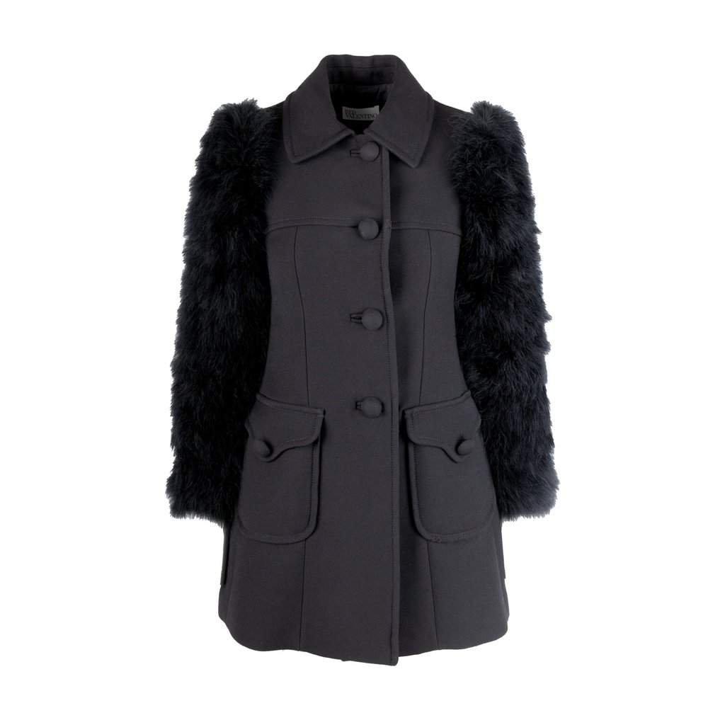 Valentino Wool Coat with Animal Feather Sleeves - '10s Red Wool Good - Front View