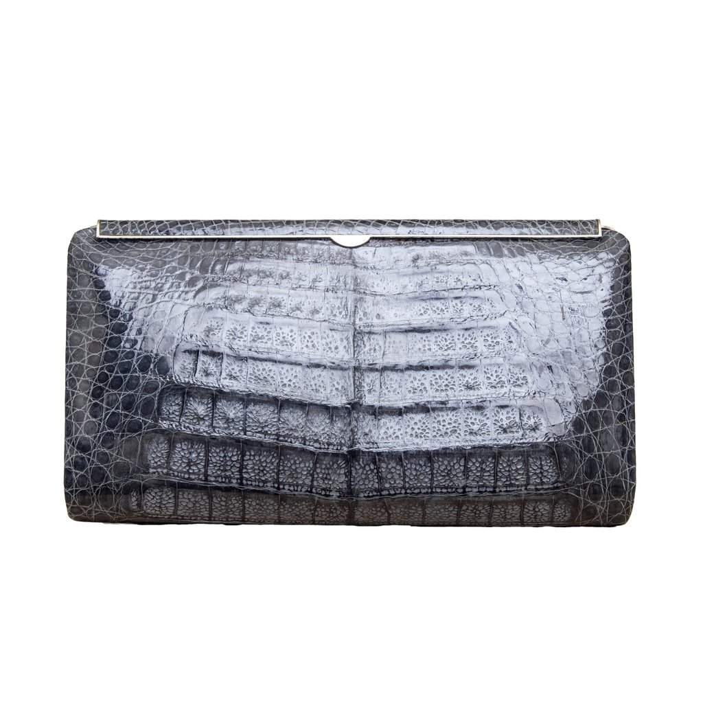 Unsigned Exotic Animal Leather Clutch - '90s Grey Leather Good - Front View