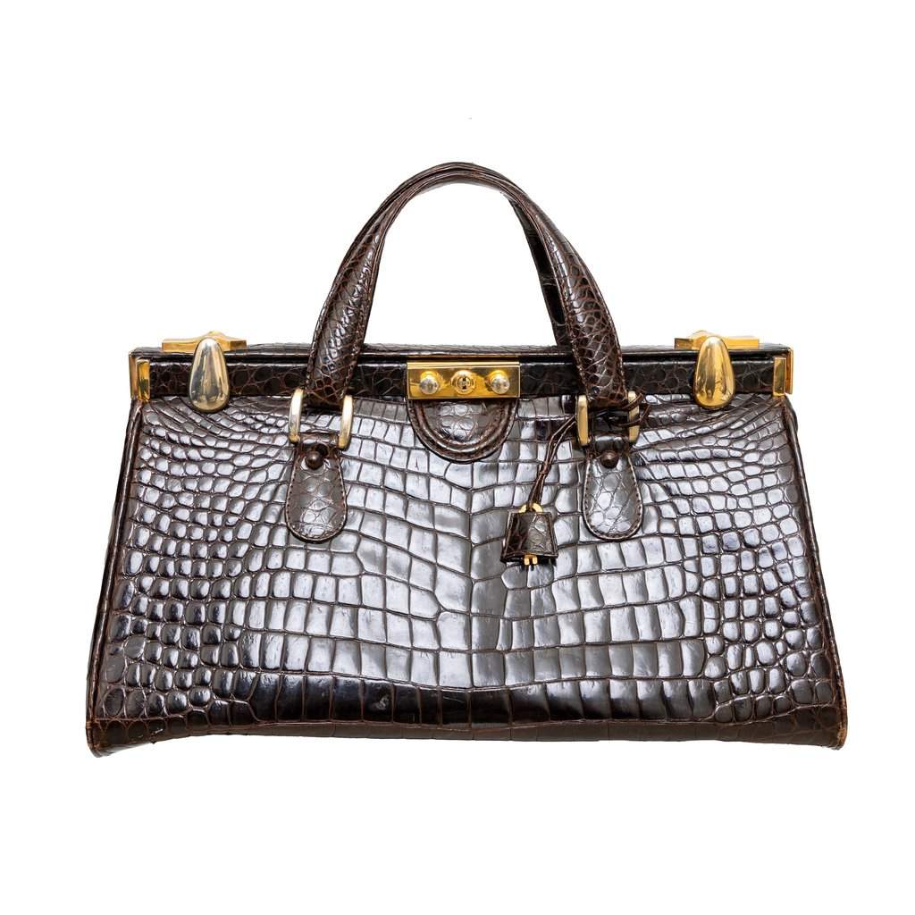 Unsigned Vintage Crocodile Leather Handbag - '90s Brown Leather Good - Front View