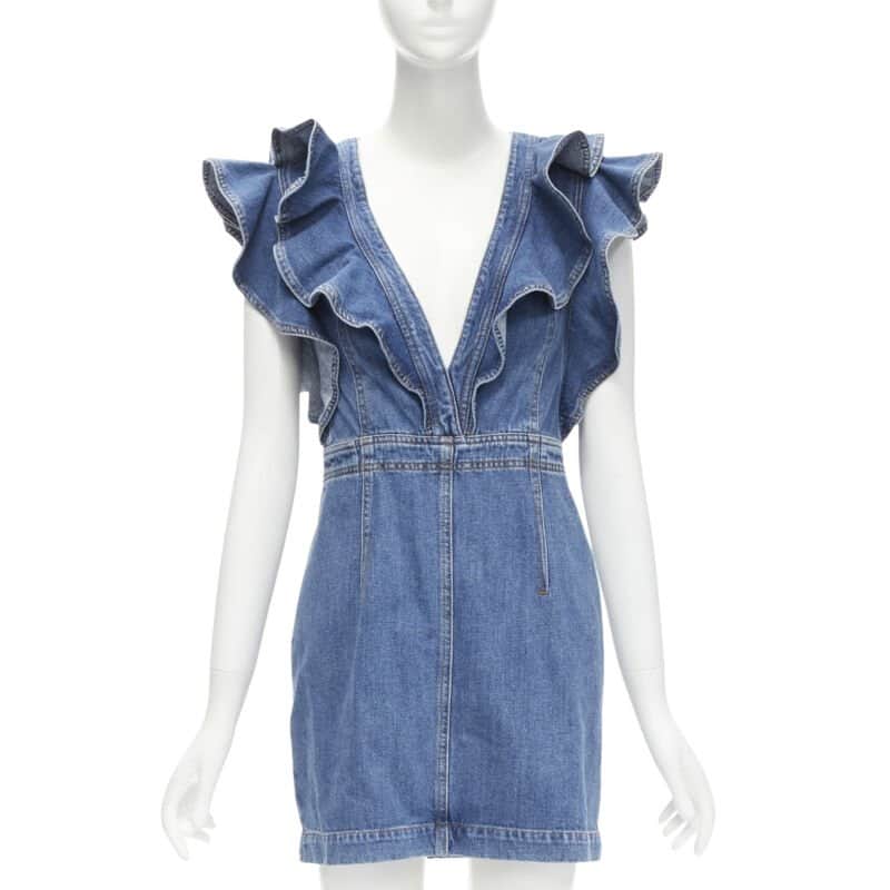 PHILOSOPHY DI LORENZO SERAFINI Denim Ruffled Dress Blue Cotton Never worn - Front View