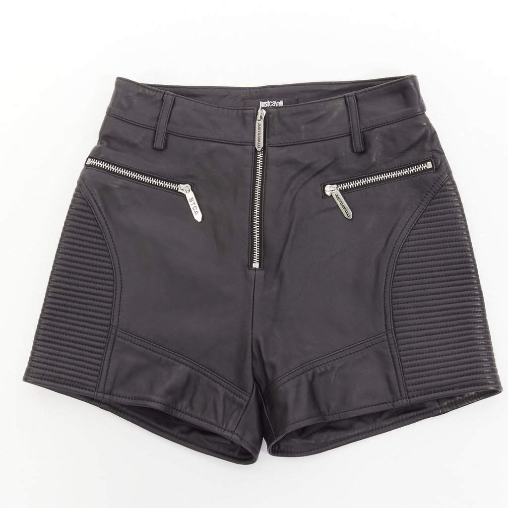 Just Cavalli Motorcycle Ribbed Shorts Black Leather Very good condition - Front View