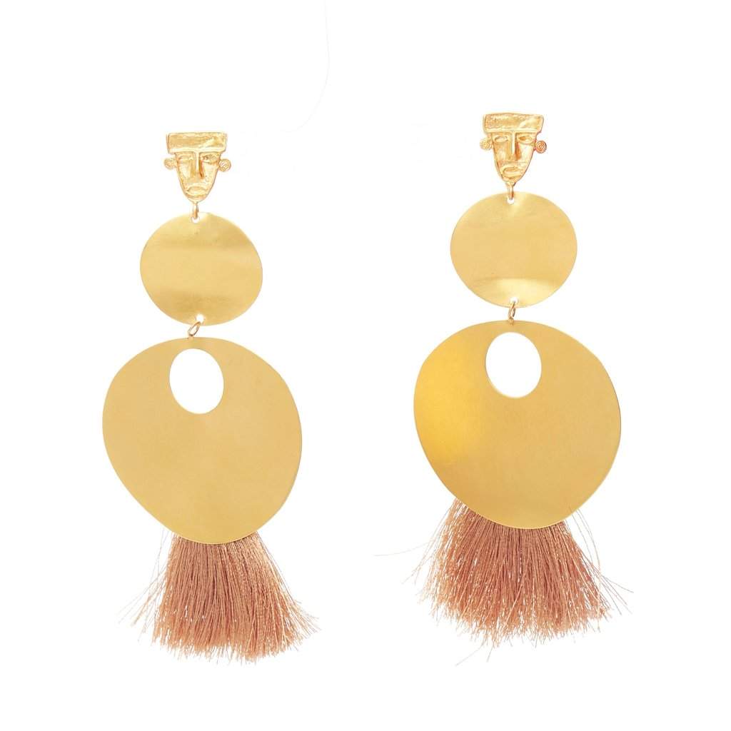 Unsigned Tribal Beige Earrings Gold Metal Fair condition - Front View